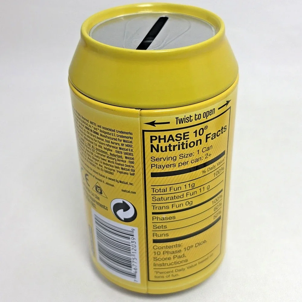 Phase 10 Dice Game Yellow Tin Soda Can 100% Complete Family Mattel 2011